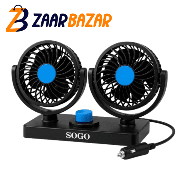 ZaarBazar offers the SOGO twin head car fan, a portable cooling fan for cars with a 12V input.